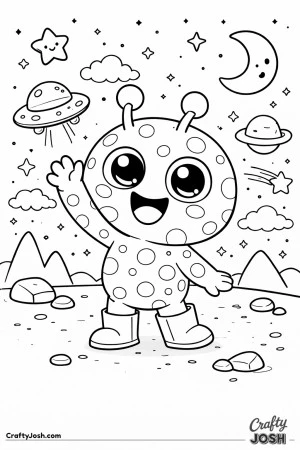 A cheerful polka-dot alien wearing boots smiles and waves while standing on rocky ground, surrounded by simple space elements like stars, planets, ..