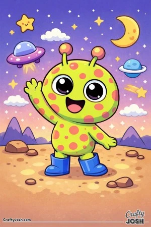 A cheerful polka-dot alien wearing boots smiles and waves while standing on rocky ground, surrounded by simple space elements like stars, planets, ..