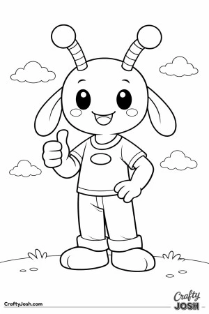 A tall, friendly alien with floppy ears and striped antennae stands smiling and giving a cheerful thumbs up.