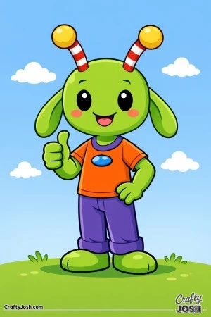 A tall, friendly alien with floppy ears and striped antennae stands smiling and giving a cheerful thumbs up.