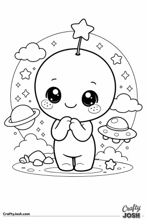 This image shows a cute, shy alien with freckles and a star-shaped antenna, smiling gently in a playful outer space scene with planets, stars, and a ..