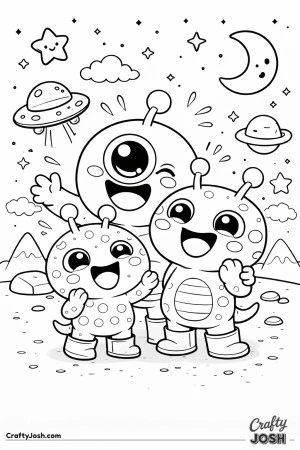 A group of sibling aliens of different sizes stand close together on rocky ground, laughing and smiling as stars, planets, and a flying saucer float ..