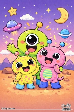 A group of sibling aliens of different sizes stand close together on rocky ground, laughing and smiling as stars, planets, and a flying saucer float ..