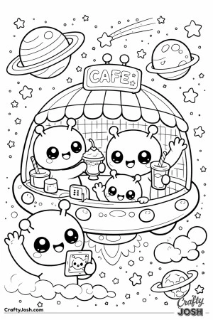A group of cheerful aliens runs a tiny space café inside a flying saucer, serving drinks, waving, and smiling as stars and planets float around them