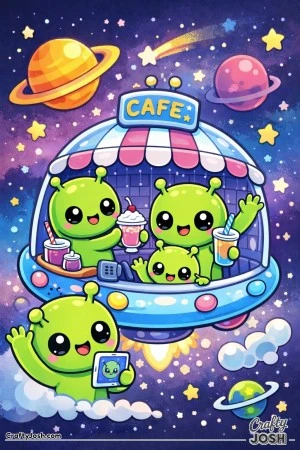 A group of cheerful aliens runs a tiny space café inside a flying saucer, serving drinks, waving, and smiling as stars and planets float around them