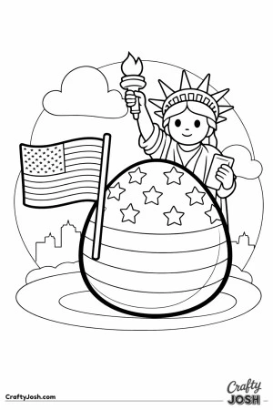 This coloring page shows a large egg decorated with stars and stripes, a waving flag on a pole, and a simple Statue of Liberty standing behind it ..
