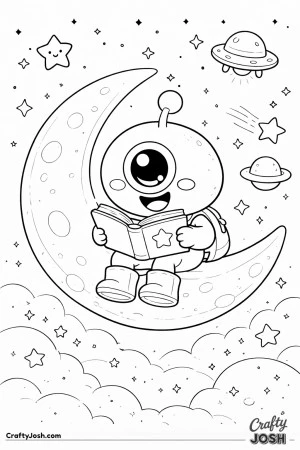 An alien sits on a crescent moon reading a book, surrounded by stars, clouds, planets, and a small flying saucer in space