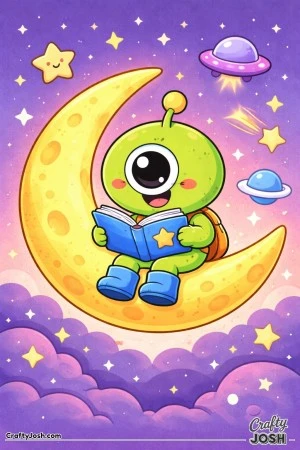 An alien sits on a crescent moon reading a book, surrounded by stars, clouds, planets, and a small flying saucer in space
