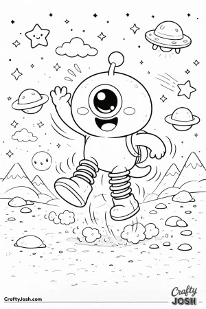 A cheerful alien with springy legs bounces high off the ground while waving, surrounded by stars, planets, and a small flying saucer in space