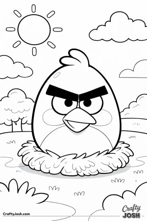 An egg shaped like a grumpy bird sits in a nest with a big sun, clouds, a tree, and simple grass around it