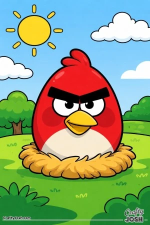 An egg shaped like a grumpy bird sits in a nest with a big sun, clouds, a tree, and simple grass around it