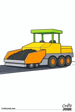 This asphalt paver coloring page shows a large road paving machine with a wide front section and big round wheels