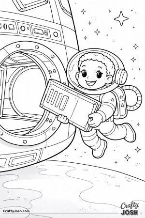 A smiling boy astronaut floats in space while carrying a rectangular panel toward an open space station hatch, with stars and a curved planet below