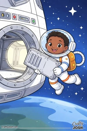 A smiling boy astronaut floats in space while carrying a rectangular panel toward an open space station hatch, with stars and a curved planet below