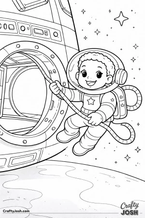 A smiling boy astronaut floats in space while holding a rope that is connected to a nearby space station, with stars and a curved planet below