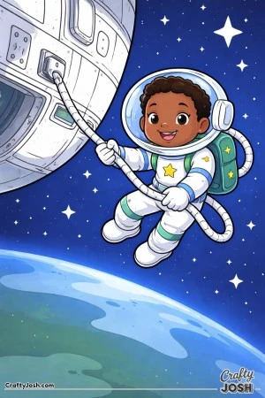 A smiling boy astronaut floats in space while holding a rope that is connected to a nearby space station, with stars and a curved planet below