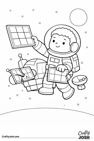 A smiling boy astronaut floats in space while holding a new solar panel and replacing a broken one on a satellite