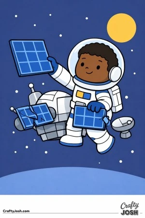 A smiling boy astronaut floats in space while holding a new solar panel and replacing a broken one on a satellite