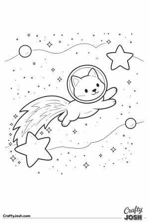 A cute orange fox wearing a space helmet is leaping through a starry night sky with a bright comet-like tail