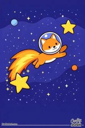 A cute orange fox wearing a space helmet is leaping through a starry night sky with a bright comet-like tail