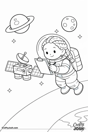 A girl astronaut with braids is floating in space while checking a clipboard next to a small satellite with solar panels