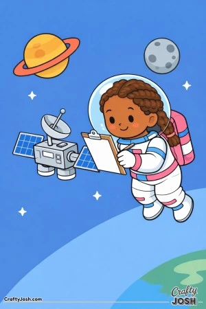 A girl astronaut with braids is floating in space while checking a clipboard next to a small satellite with solar panels