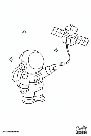 A short astronaut in an oversized space suit reaches carefully toward a dangling wire from a nearby satellite, with a few stars floating around in ..