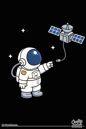 A short astronaut in an oversized space suit reaches carefully toward a dangling wire from a nearby satellite, with a few stars floating around in ..