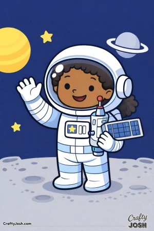 A smiling girl astronaut waves from inside her helmet while holding a repaired satellite part, standing on the moon with planets and stars behind her