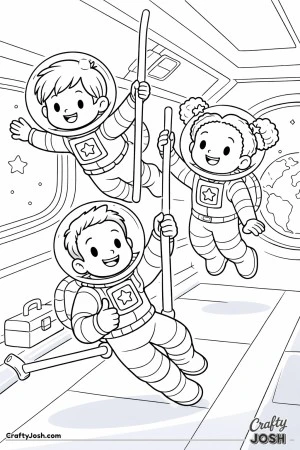 Three astronauts float inside a space station while holding onto handrails, with stars and Earth visible through the windows
