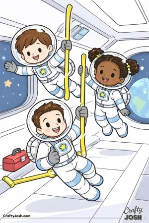 Three astronauts float inside a space station while holding onto handrails, with stars and Earth visible through the windows