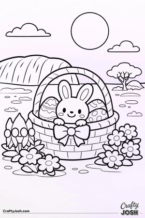 A smiling bunny peeks out of an Easter basket filled with decorated eggs, sitting in the Australian outback with bright desert flowers, a big sun, ..