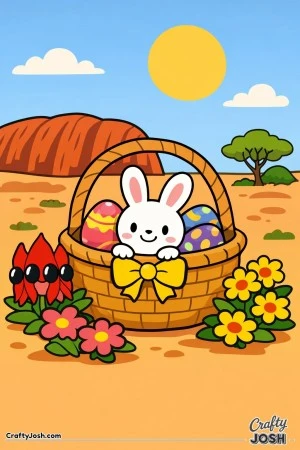 A smiling bunny peeks out of an Easter basket filled with decorated eggs, sitting in the Australian outback with bright desert flowers, a big sun, ..