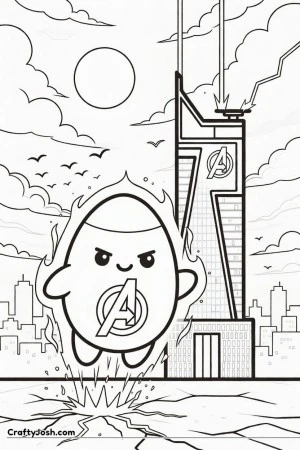 egg character with a determined face blasts off from cracked ground with energy sparks around it, holding the Avengers symbol while positioned in ..