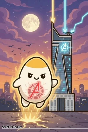 egg character with a determined face blasts off from cracked ground with energy sparks around it, holding the Avengers symbol while positioned in ..
