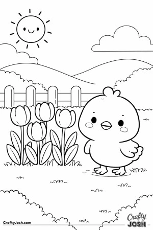 A cute baby chick stands beside tall tulips in a park with a wooden fence, rolling hills, a smiling sun, and a fluffy cloud in the sky