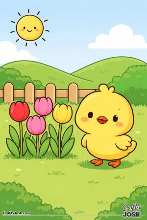 A cute baby chick stands beside tall tulips in a park with a wooden fence, rolling hills, a smiling sun, and a fluffy cloud in the sky