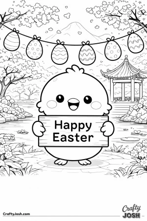 A cute baby chick stands holding a sign that says “Happy Easter” with an egg garland hanging above and a garden scene with a gazebo, pond, trees, ..