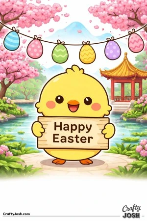 A cute baby chick stands holding a sign that says “Happy Easter” with an egg garland hanging above and a garden scene with a gazebo, pond, trees, ..