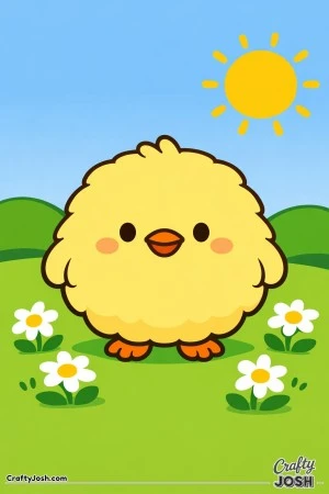 A fluffy baby chick with a big round body stands in a sunny meadow with simple hills, daisies, and a bright sun