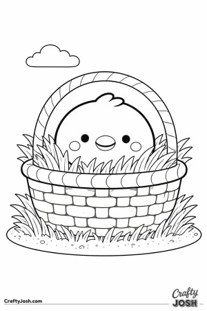 A baby chick sits inside a woven Easter basket with grass peeking over the rim and a simple sky with a cloud above