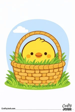 A baby chick sits inside a woven Easter basket with grass peeking over the rim and a simple sky with a cloud above