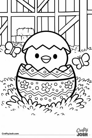 A baby chick is peeking out from a decorated chocolate egg resting in the grass inside a barn, with butterflies fluttering nearby.