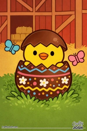 A baby chick is peeking out from a decorated chocolate egg resting in the grass inside a barn, with butterflies fluttering nearby.