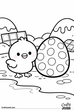 A cute baby chick stands beside a large polka-dotted Easter egg in a simple chocolate world with big chocolate hills and a chocolate house in the ..