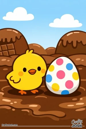 A cute baby chick stands beside a large polka-dotted Easter egg in a simple chocolate world with big chocolate hills and a chocolate house in the ..