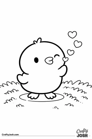 A cute chick is blowing a kiss while small hearts float upward against a simple cloud sky, standing on grass.