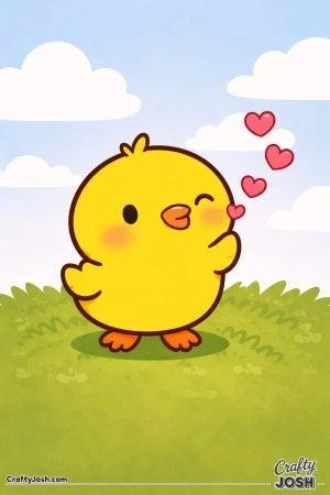 A cute chick is blowing a kiss while small hearts float upward against a simple cloud sky, standing on grass.