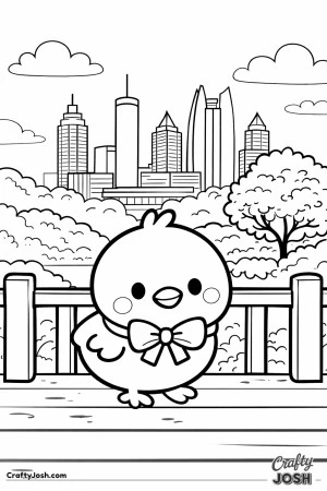 A cute baby chick wearing a ribbon stands on a wooden deck with trees, clouds, and a city skyline in the background