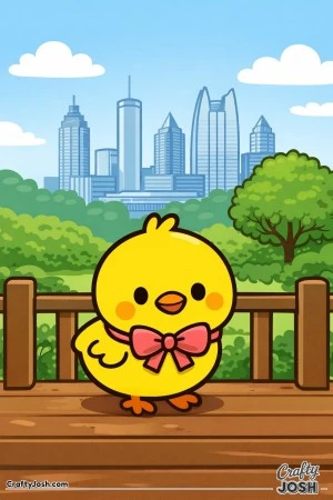 A cute baby chick wearing a ribbon stands on a wooden deck with trees, clouds, and a city skyline in the background